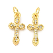 Rack Plating Brass Micro Pave Clear Cubic Zirconia Pendants, Long-Lasting Plated, with Jump Rings, Lead Free & Cadmium Free, Cross, Real 18K Gold Plated, 17x8x2mm, Hole: 3mm(KK-B093-06G)