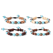 Wooden Braided Bead Bracelets Sets, Brass with Synthetic Coral and Turquoise(Dyed) Adjustable Bracelets for Women, Mixed Color, Inner Diameter: 2~3 inch(5.1~7.5cm), 4pcs/set(BJEW-JB09066)