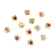 304 Stainless Steel Charms, with Acrylic Rhinestone, Faceted, Birthstone Charms, Heart, Golden, Mixed Color, 8.2x7.2x3.2mm, Hole: 1mm(X-STAS-I165-05G)
