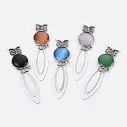 Tibetan Style Alloy Bookmarks, with Cat Eye Cabochons, Owl, Antique Silver, 87.5x22.5x6mm, Fit for 1mm Rhinestone(AJEW-JK00145-M)