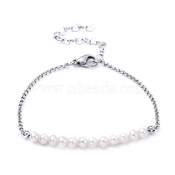 Natural Pearl Beaded Bracelets, with 304 Stainless Steel Rolo Chains and Lobster Claw Clasps, Stainless Steel Color, 7-3/8 inch(18.7cm)(BJEW-JB05188)