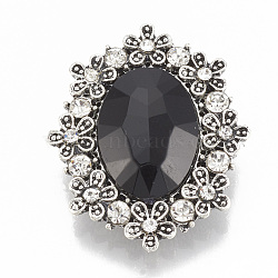 Alloy Rhinestone Flat Back Cabochons, with Acrylic Rhinestone, Faceted, Oval, Antique Silver, Black, 30x25x6.5mm(RB-S048-17A)