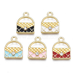 Alloy Enamel Pendants, with Rhinestone, Cadmium Free & Lead Free, Light Gold, Handbag, Mixed Color, 16x13x3mm, Hole: 2mm(PALLOY-S133-009)