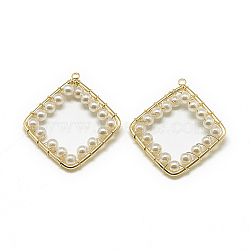 ABS Plastic Imitation Pearl Pendants, with Brass Findings, Rhombus, Real 18K Gold Plated, 36x32x4mm, Hole: 1mm(KK-T032-079G)