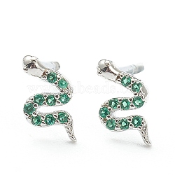 Brass Micro Pave Cubic Zirconia Stud Earrings, Snake, Real Platinum Plated, Green, 8x4.5mm, Pin: 0.8mm(EJEW-A058-20P-02)