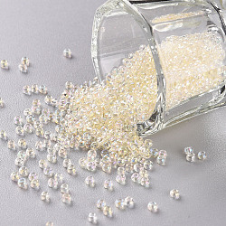 11/0 Grade A Round Glass Seed Beads, Transparent Inside Colours, AB Color Plated, Light Goldenrod Yellow, 2.3x1.5mm, Hole: 1mm, about 48500pcs/pound(SEED-N001-E-301)