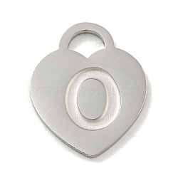 Non-Tarnish 304 Stainless Steel Pendants, Laser Cut, Heart with Letter Charm, Stainless Steel Color, Letter O, 15x12x1mm, Hole: 3x3.5mm(FIND-M017-01P-O)