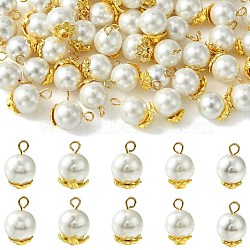 50Pcs 5 Styles Grade A Rainbow Plated Shell Pearl Round Charms, with Brass Bead Caps, Golden, 13x8~8.5mm, Hole: 1.5mm, 10pcs/style(FIND-CJ0001-48)