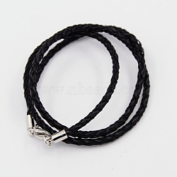 Braided Leather Cords, for Necklace Making, with Brass Lobster Clasps, Platinum, Black, 21 inch, 3mm(X-NCOR-D002-533mm-17)