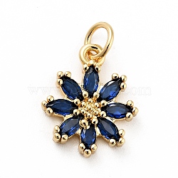 Rack Plating Brass Micro Pave Cubic Zirconia Charms, Long-Lasting Plated, Lead Free & Cadmium Free, Real 18K Gold Plated, Flower, Prussian Blue, 14.5x12x3mm, Hole: 3mm(X-ZIRC-F129-34C-G)