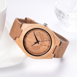 Leather Wristwatches, with Wooden Watch Head and Alloy Findings, PeachPuff, 258x23x2mm, Watch Head: 53x48x11mm, Watch Face: 37mm(WACH-K008-02)