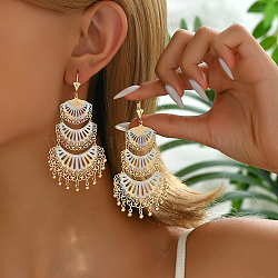 Bohemian Fan Tassel Brass Hoop Earrings for Women, with Layered Vacation Vibes, Golden, 85x40mm(CK5873)