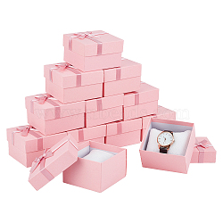 Square Cardboard Watch Package Boxes, Bowknot Wristwatch Gift Case with Cloth Pillow, Pink, 8.2x8.8x5.55cm(CON-WH0086-105A)