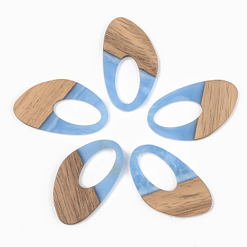 Opaque Resin & Walnut Wood Pendants, Teardrop, Cornflower Blue, 39x23x3mm, Hole: 20x10mm