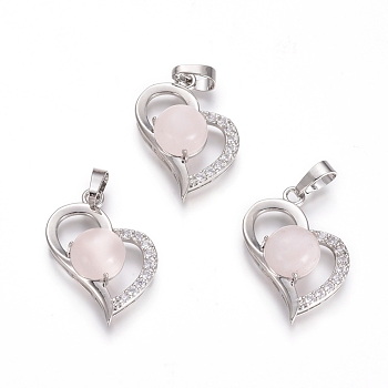 Natural Rose Quartz Pendants, with Platinum Tone Brass Findings and Crystal Rhinestone, Heart, 29x21.5x9mm, Hole: 7x3.5mm