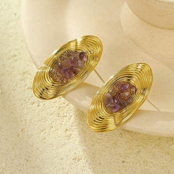 Oval Stainless Steel Stud Earrings, Real 18K Gold Plated, with Natural Amethyst, 36x18mm