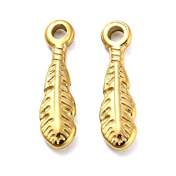 304 Stainless Steel Charms, Leaf Charm, Real 18K Gold Plated, 13.5x3.5x2mm, Hole: 1mm
