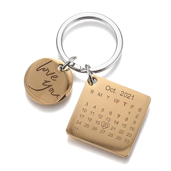 Engraved Calendar Date Stainless Steel Keychain, Square & Flat Round with Word Love You, Golden & Stainless Steel Color, 60mm