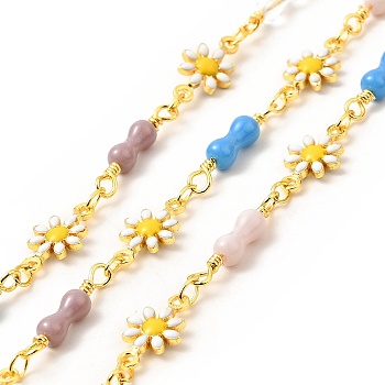 Brass Daisy Flower Link Chains, with Enamel Gourd Beaded, Real 18K Gold Plated, Soldered, with Spools, Long-Lasting Plated, Colorful, 12.5x7.5x2.5mm, 17.5x3.5mm