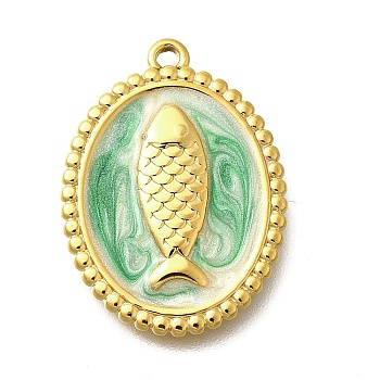 304 Stainless Steel Enamel Pendants, Oval with Fish Charm, Real 18K Gold Plated, Lime Green, 23x17x2mm, Hole: 1.4mm