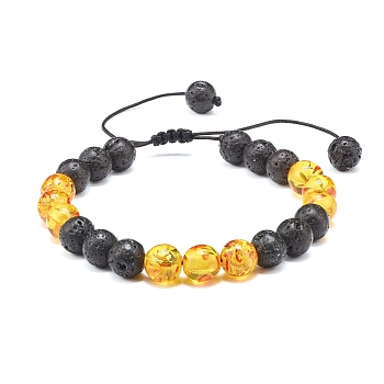 Aromatherapy Essential Oil Diffuser Braided Bead Bracelet for Girl Women, Natural Lava Rock & Imitation Amber Beads Bracelet, Inner Diameter: 2~3-1/8 inch(5~8cm)