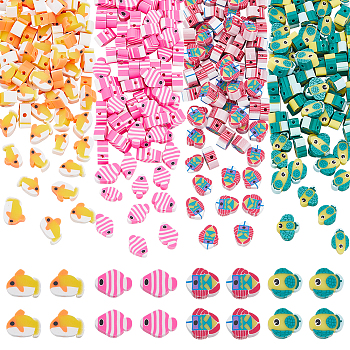 320Pcs 4 Style Handmade Polymer Clay Beads, Fish, Mixed Color, 7~10x9~11.5x4~4.5mm, Hole: 1.4~1.8mm, 80pcs/style