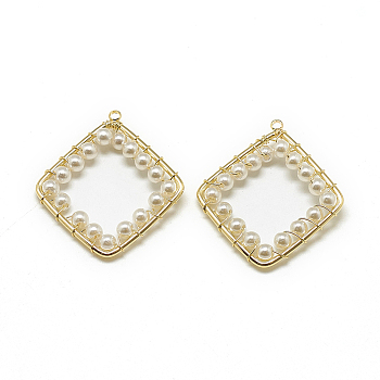 ABS Plastic Imitation Pearl Pendants, with Brass Findings, Rhombus, Real 18K Gold Plated, 36x32x4mm, Hole: 1mm