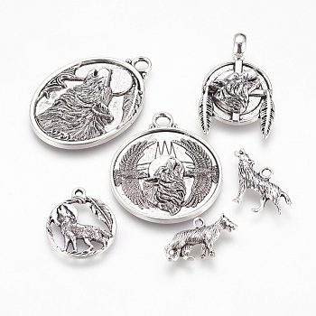 Tibetan Style Alloy Pendants, Wolf, Antique Silver, 14~47x21.5~35x2~10mm, Hole: 2~7mm, 6pcs/set