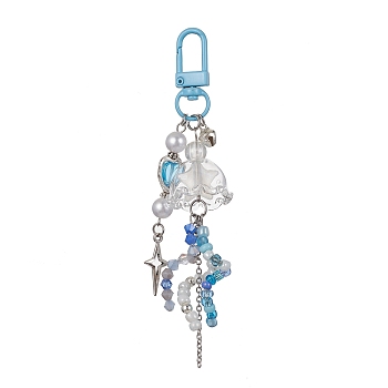 Luminous Acrylic Star Pendant Decoration, Jellyfish Glass Wind Chime Ornament, with Alloy Clasps, Light Sky Blue, 118~121mm, Pendant: 9~90x7.5~23x7~23mm