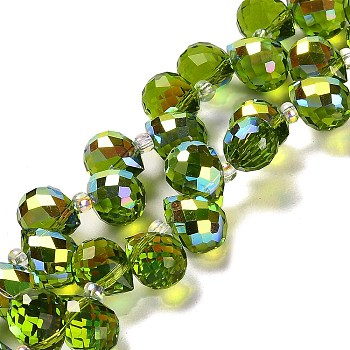 Electroplate Glass Beads Strands, Teardrop, Green, 10~11x8mm, Hole: 1mm, about 96~98pcs/strand, 26.97''~27.17''(68.5~69cm)