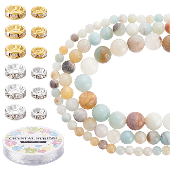DIY Natural Flower Amazonite Stretch Bracelets Making Kits, Including Natural Flower Amazonite Round Beads, Iron Rhinestone Spacer Bead and Elastic Thread, Golden & Stainless Steel Color, Natural Flower Amazonite Beads: 204pcs/set
