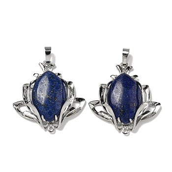 Dyed Natural Lapis Lazuli Pendants, Flower Charms with Rack Plating Brass Findings, Platinum, Cadmium Free & Lead Free, 37x35x10mm, Hole: 8x5mm and 1.6mm