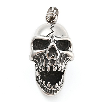 316L Surgical Stainless Steel Pendants, Skull Charm, Antique Silver, 44.5x24x27mm, Hole: 9.5x7.5mm
