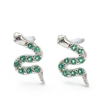 Brass Micro Pave Cubic Zirconia Stud Earrings, Snake, Real Platinum Plated, Green, 8x4.5mm, Pin: 0.8mm