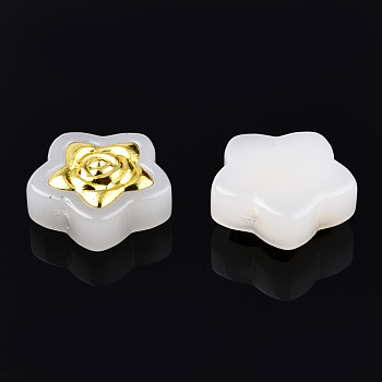 Imitation Jade Spray Painted Glass Beads, with Golden Plated Brass Findings, Star with Flower, Creamy White, 14x14.5x5.5mm, Hole: 1mm