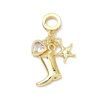 Brass Pave Clear Cubic Zirconia European Dangle Charms, Heart Boot Star Large Hole Pendants, Rack Plating, Long-Lasting Plated, Lead Free & Cadmium Free, Real 18K Gold Plated, 34mm, Hole: 4.8mm