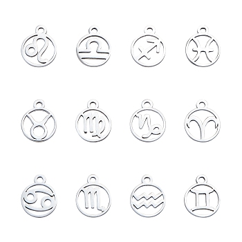 316L Stainless Steel Charms, Flat Round with Constellation, Stainless Steel Color, 13.4x10.8x1mm, Hole: 1.5mm, 12pcs/box