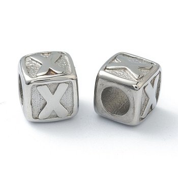 304 Stainless Steel European Beads, Large Hole Beads, Horizontal Hole, Cube with Letter, Stainless Steel Color, Letter.X, 8x8x8mm, Hole: 4mm