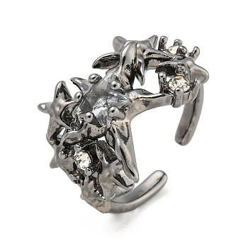 Star Zinc Alloy Open Cuff Ring, with Crystal Rhinestone, for Women, Gunmetal, 16.5mm, Adjustable