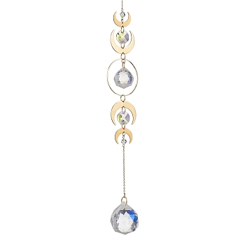 Teardrop Glass Hanging Suncatchers, Alloy & Stainless Steel Moon for Outdoor Garden Decor, Golden, 300x40mm