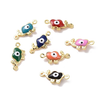 Brass Enamel Connector Charms, Real 18K Gold Plated, Elephant with Evil Eye Pattern, Mixed Color, 6x14.5x3mm, Hole: 1mm