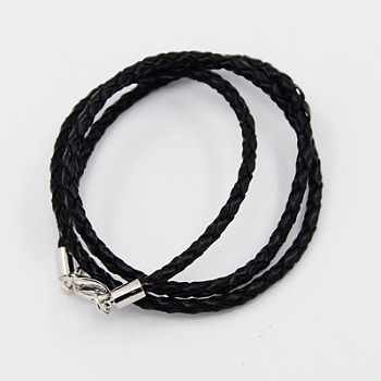 Braided Leather Cords, for Necklace Making, with Brass Lobster Clasps, Platinum, Black, 21 inch, 3mm