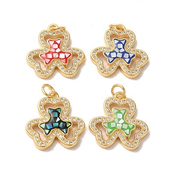 Clover Rack Plating Brass Cubic Zirconia Pendants, with Enamel & Shell, Long-Lasting Plated, Lead Free & Cadmium Free, Real 18K Gold Plated, with Jump Rings, Mixed Color, 19x19x3mm, Hole: 3mm