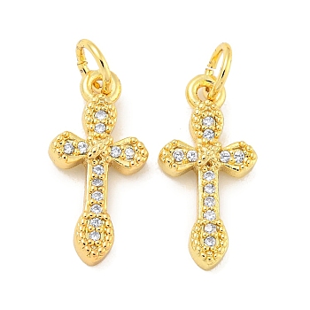 Rack Plating Brass Micro Pave Clear Cubic Zirconia Pendants, Long-Lasting Plated, with Jump Rings, Lead Free & Cadmium Free, Cross, Real 18K Gold Plated, 17x8x2mm, Hole: 3mm