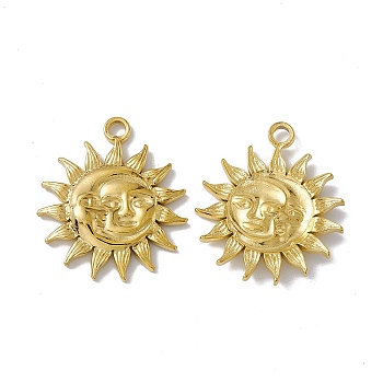 PVD Vacuum Plating 304 Stainless Steel Pendants, Sun with Human Face and Moon, Golden, 30x26x3mm, Hole: 3mm