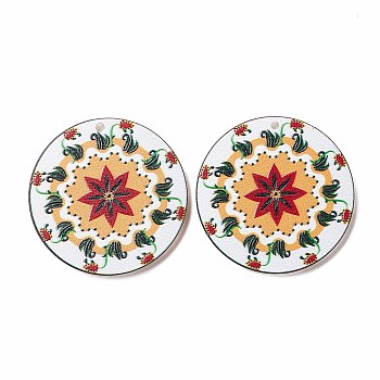 Printed Opaque Acrylic Pendants, Flat Round with Flower Pattern, White, 37.5~38x2.5mm, Hole: 2mm