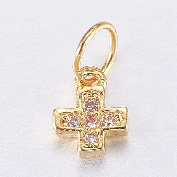 Brass Micro Pave Cubic Zirconia Tiny Cross Charms, Golden, 6.5x5x2mm, Hole: 2.5mm