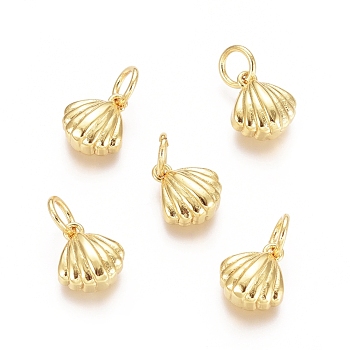 Brass Charms, with Jump Rings, Scallop Shell Shape, Golden, 9x8x3.5mm, Hole: 3.4mm