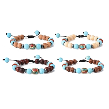Wooden Braided Bead Bracelets Sets, Brass with Synthetic Coral and Turquoise(Dyed) Adjustable Bracelets for Women, Mixed Color, Inner Diameter: 2~3 inch(5.1~7.5cm), 4pcs/set