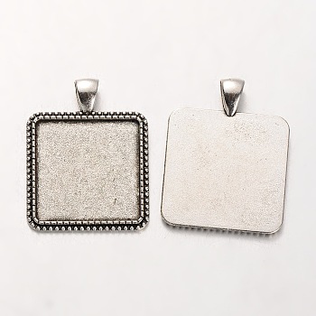 Tibetan Style Alloy Square Pendant Cabochon Settings, Cadmium Free & Lead Free, Antique Silver, Tray: 25x25mm, 38x30x2mm, Hole: 5x7mm